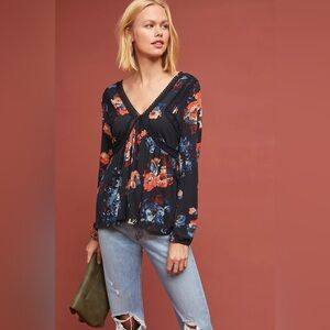 Maeve Floral V-Neck Top - Black and Red